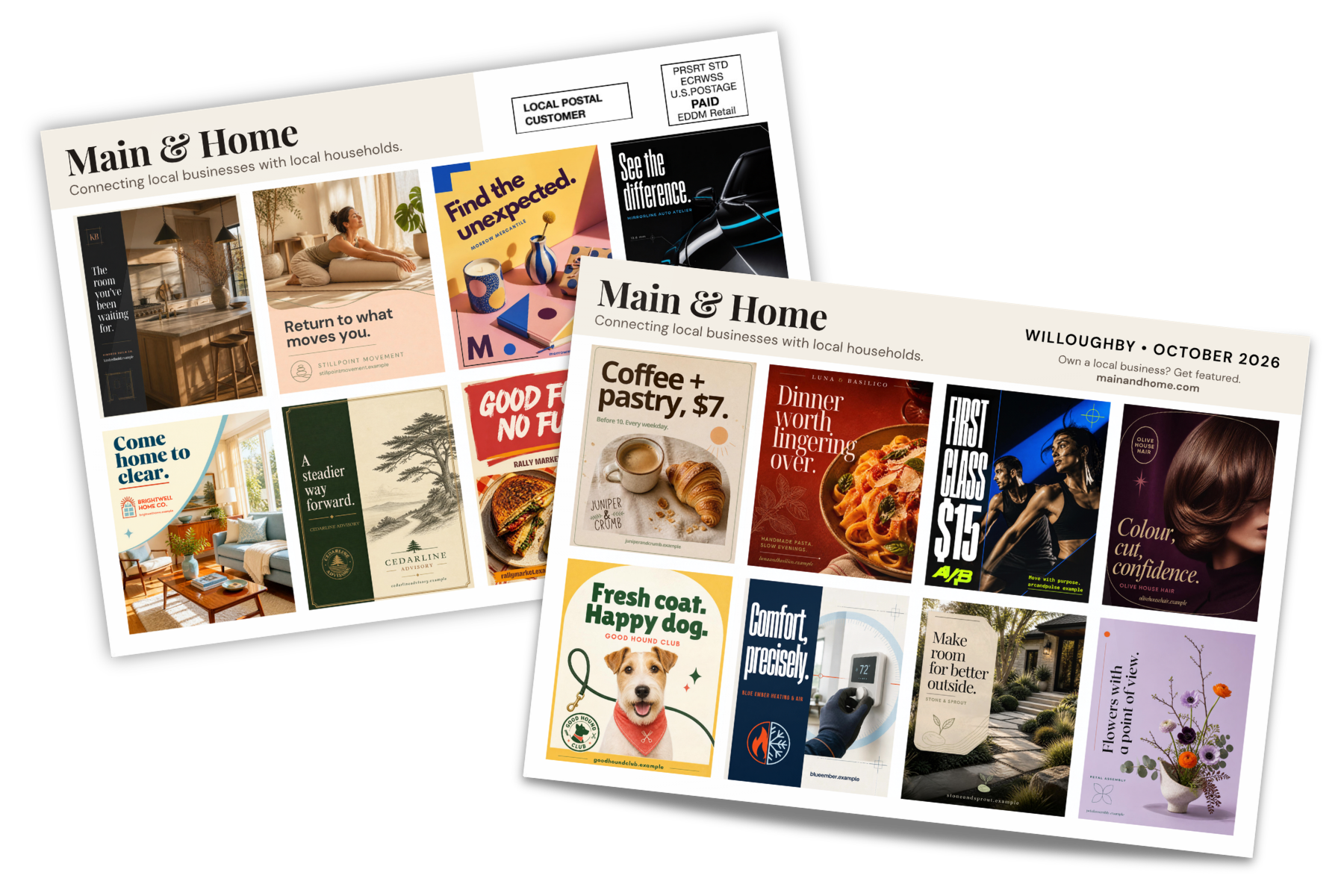 Both sides of an 8.5 by 11 inch Main and Home shared direct mailer, featuring 16 professionally designed local business advertisements